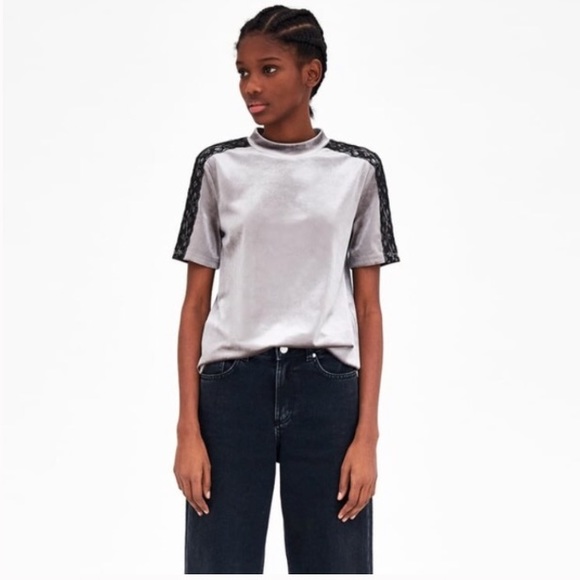 Zara Tops - Zara Gray Mock Neck Lace Velvet Top M NWT